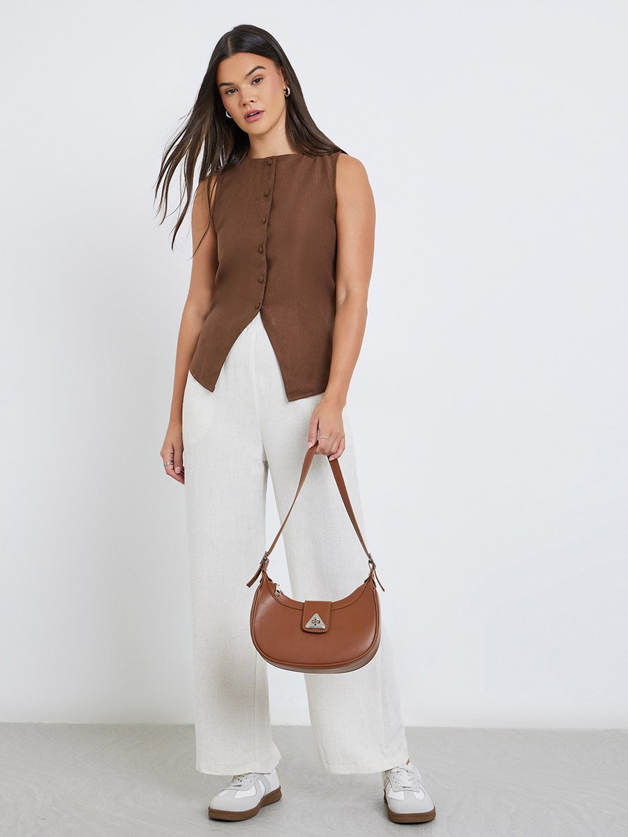 White Linen Look Pants with Elastic Waist