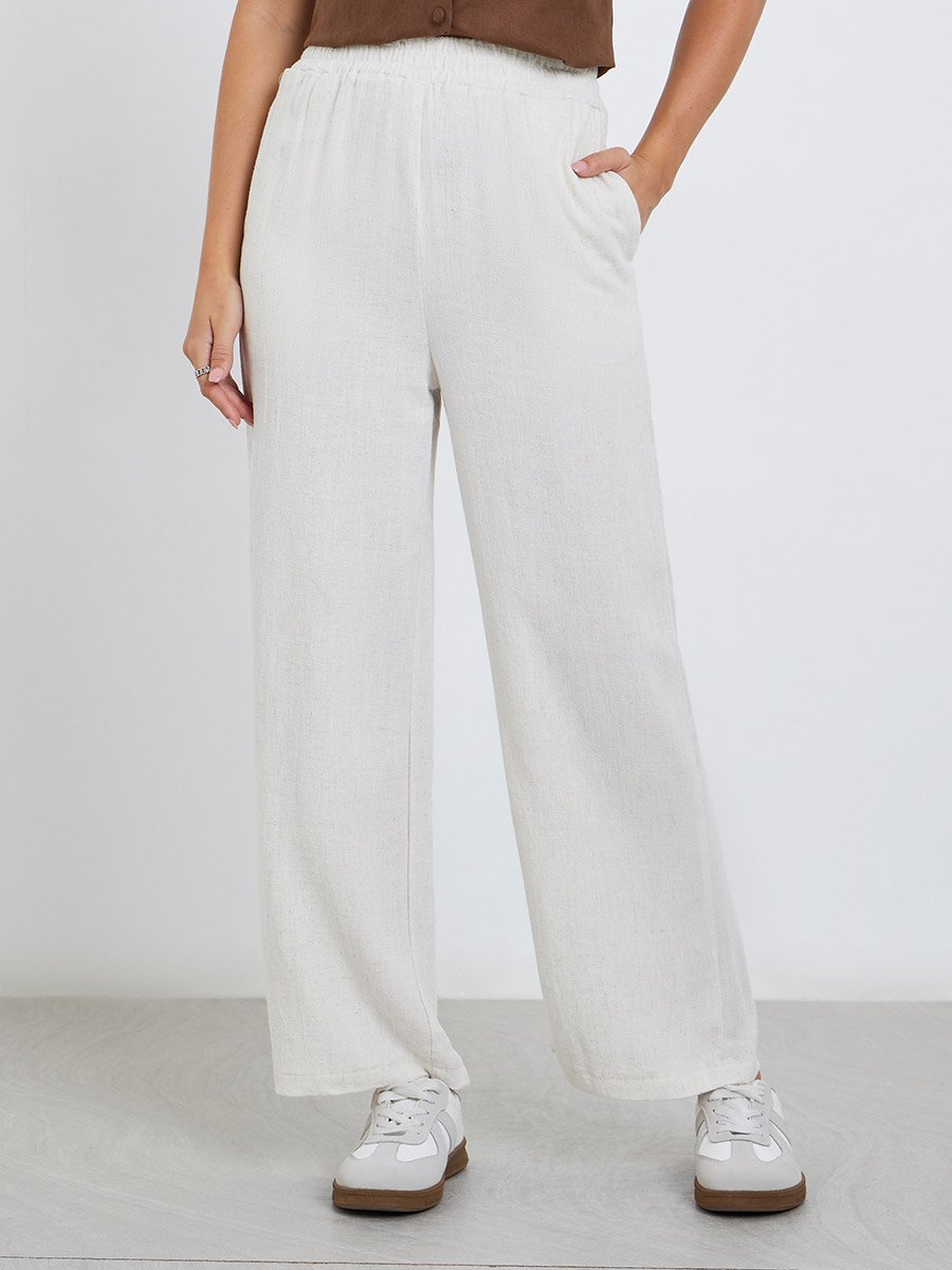 White Linen Look Pants with Elastic Waist