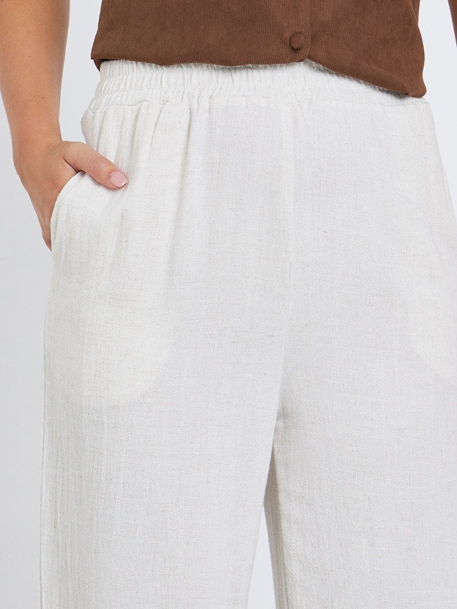 White Linen Look Pants with Elastic Waist
