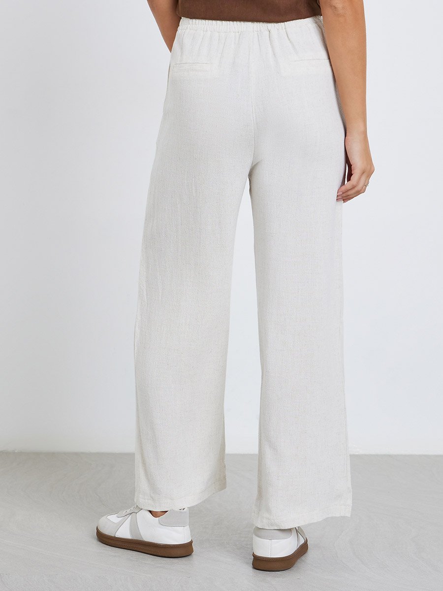 White Linen Look Pants with Elastic Waist