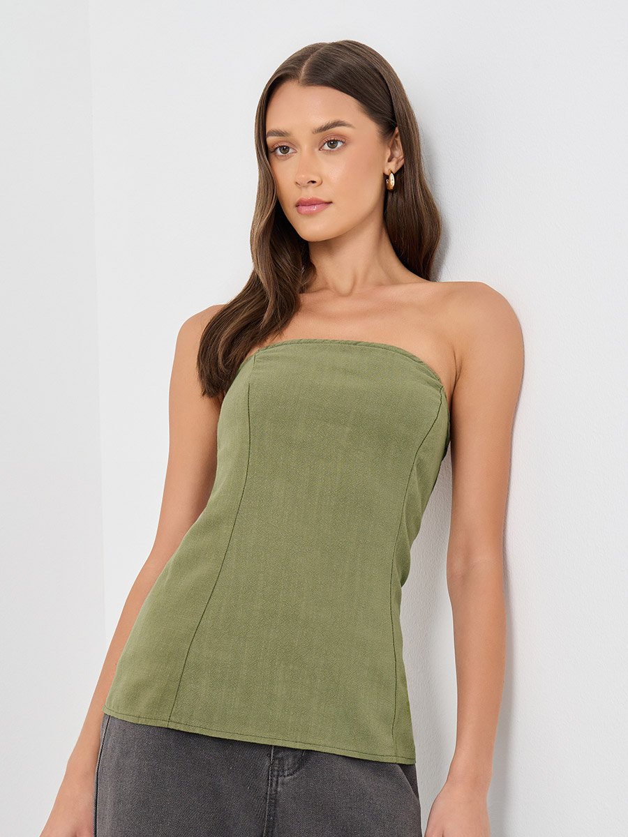 Linen Look Bandeau Neck Blouse