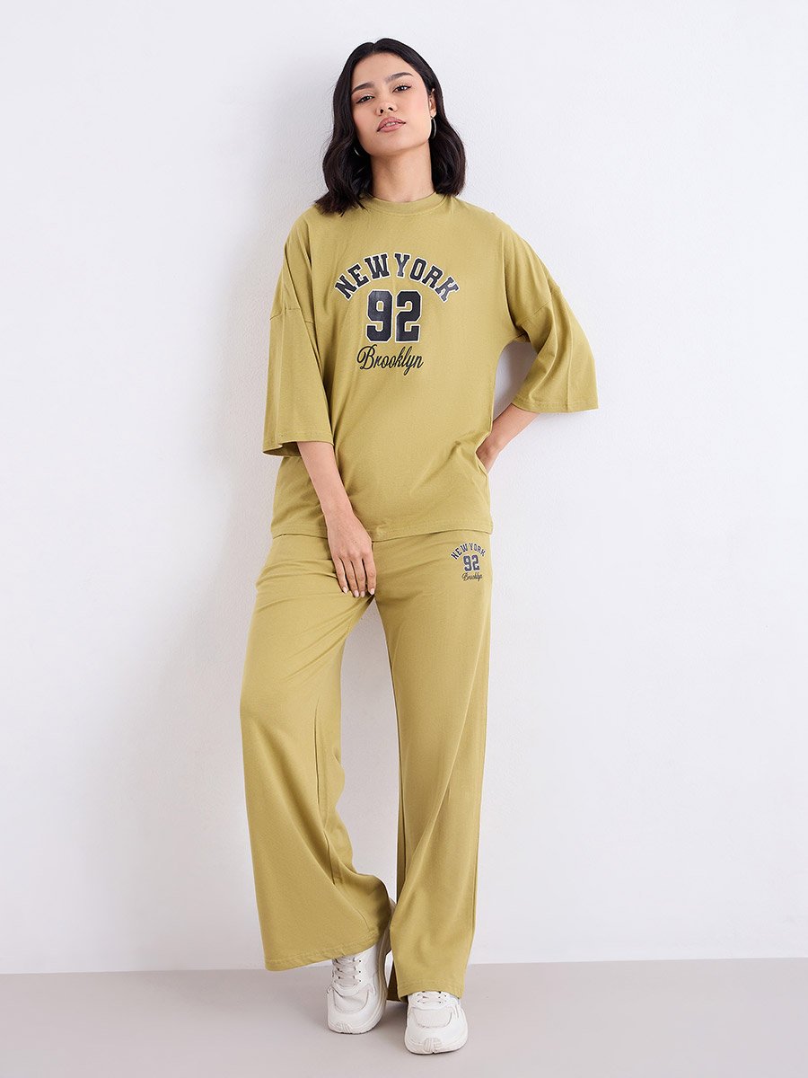 Khaki Oversized Graphic T-Shirt and Joggers Co-Ords