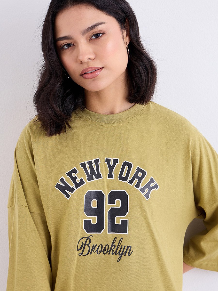 Khaki Oversized Graphic T-Shirt and Joggers Co-Ords