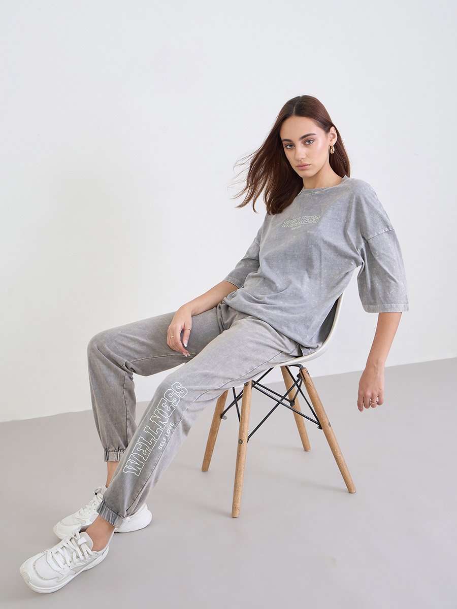 Grey Acid Washed Printed T-Shirt and Joggers Co-Ords