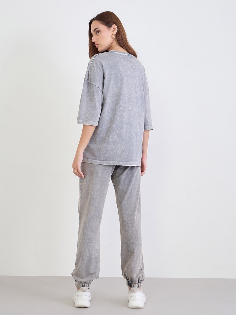 Grey Acid Washed Printed T-Shirt and Joggers Co-Ords