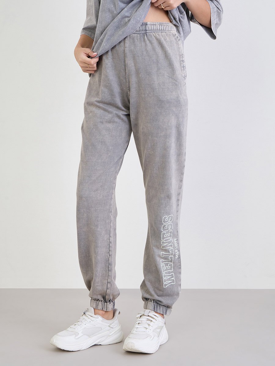 Grey Acid Washed Printed T-Shirt and Joggers Co-Ords