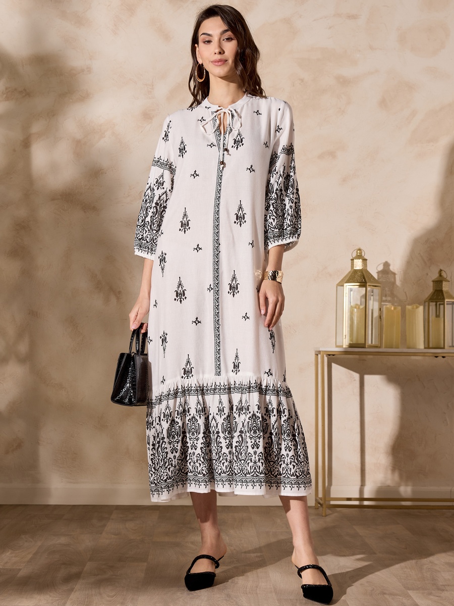 Printed Dress with Tie-Up Neck