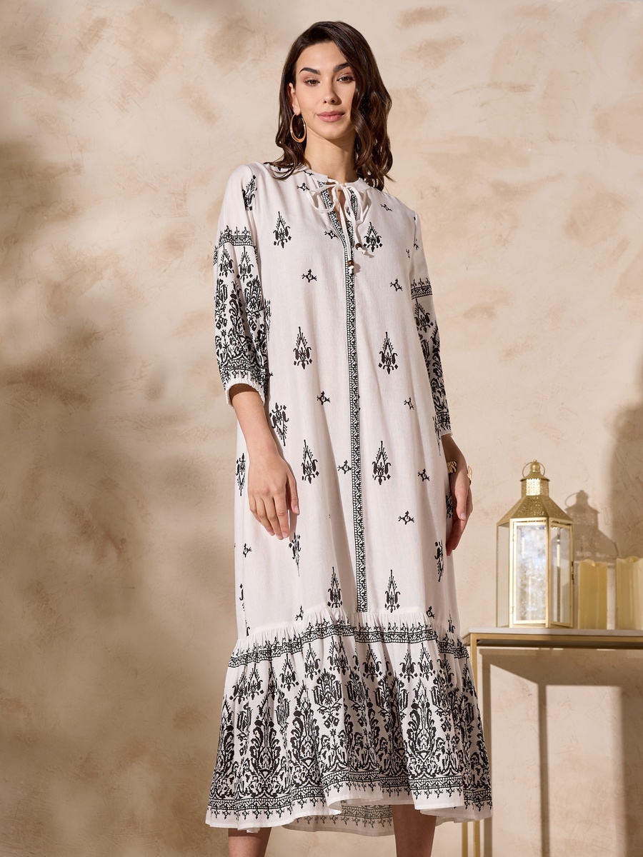 Printed Dress with Tie-Up Neck