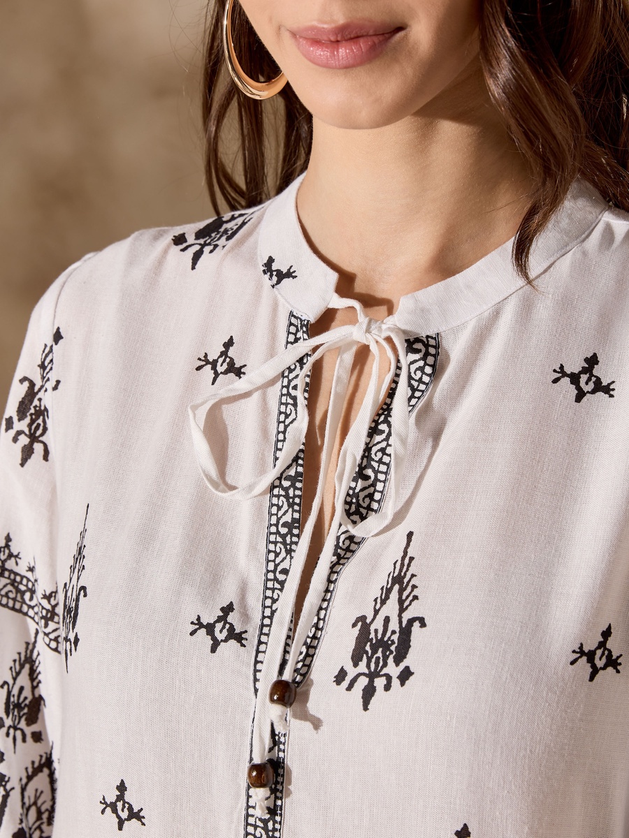 Printed Dress with Tie-Up Neck