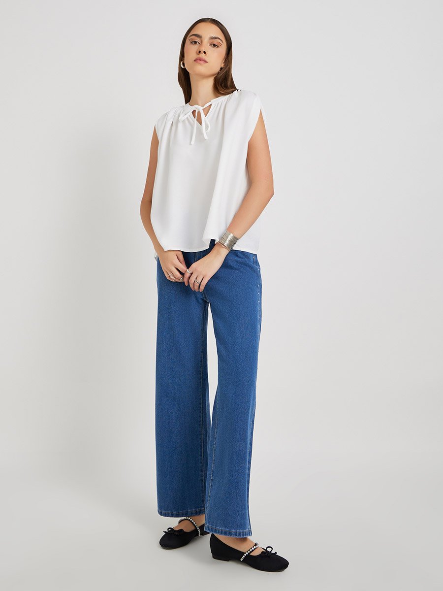 Solid Sleeveless Tie-Up Neck Blouse
