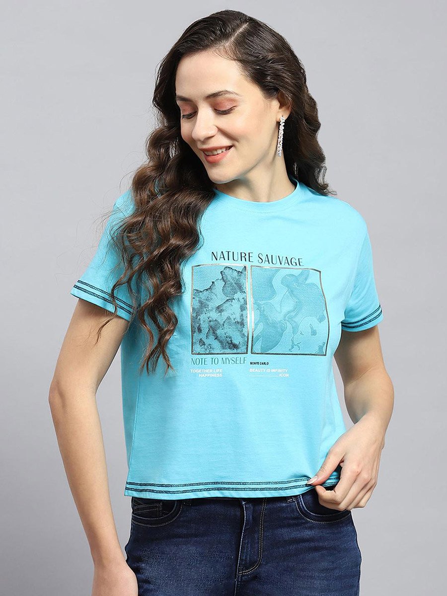 Women Blue Graphic Printed Round Neck Top