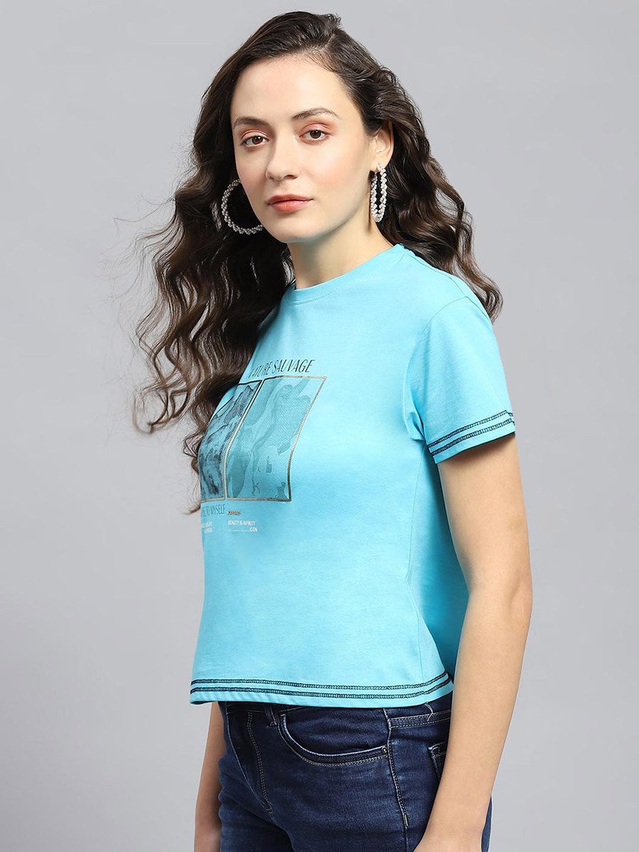 Women Blue Graphic Printed Round Neck Top