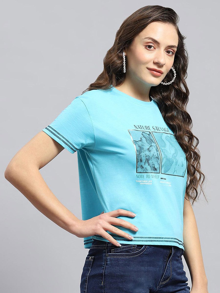 Women Blue Graphic Printed Round Neck Top