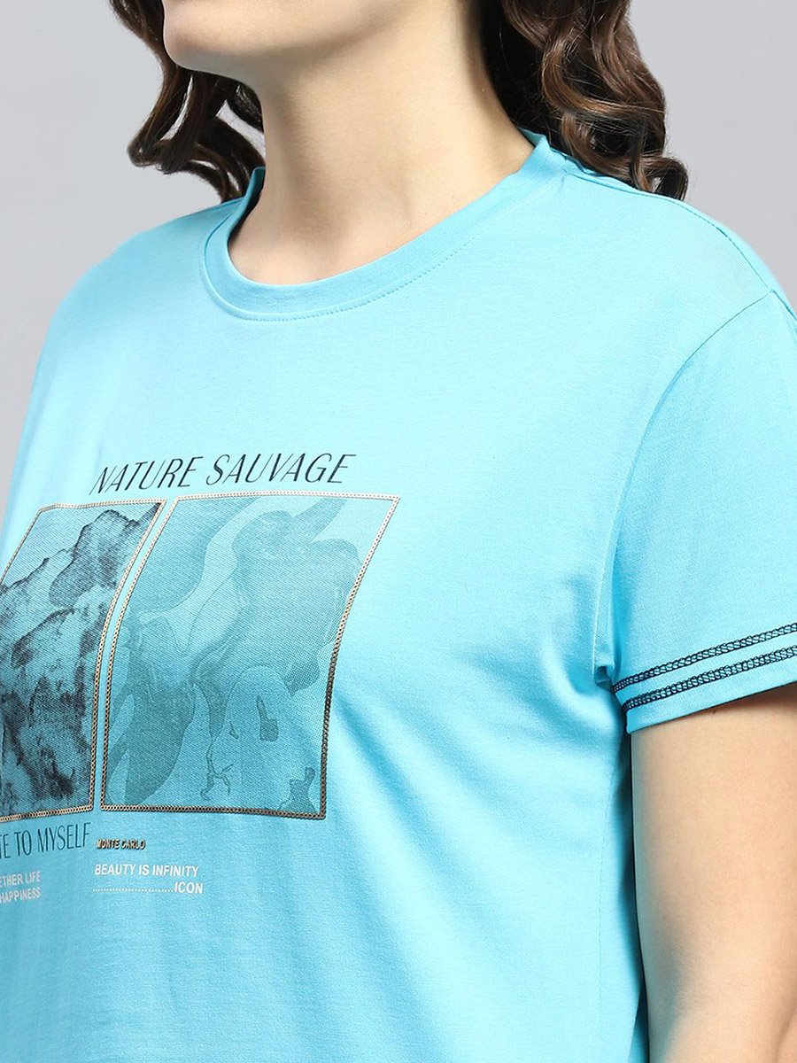 Women Blue Graphic Printed Round Neck Top