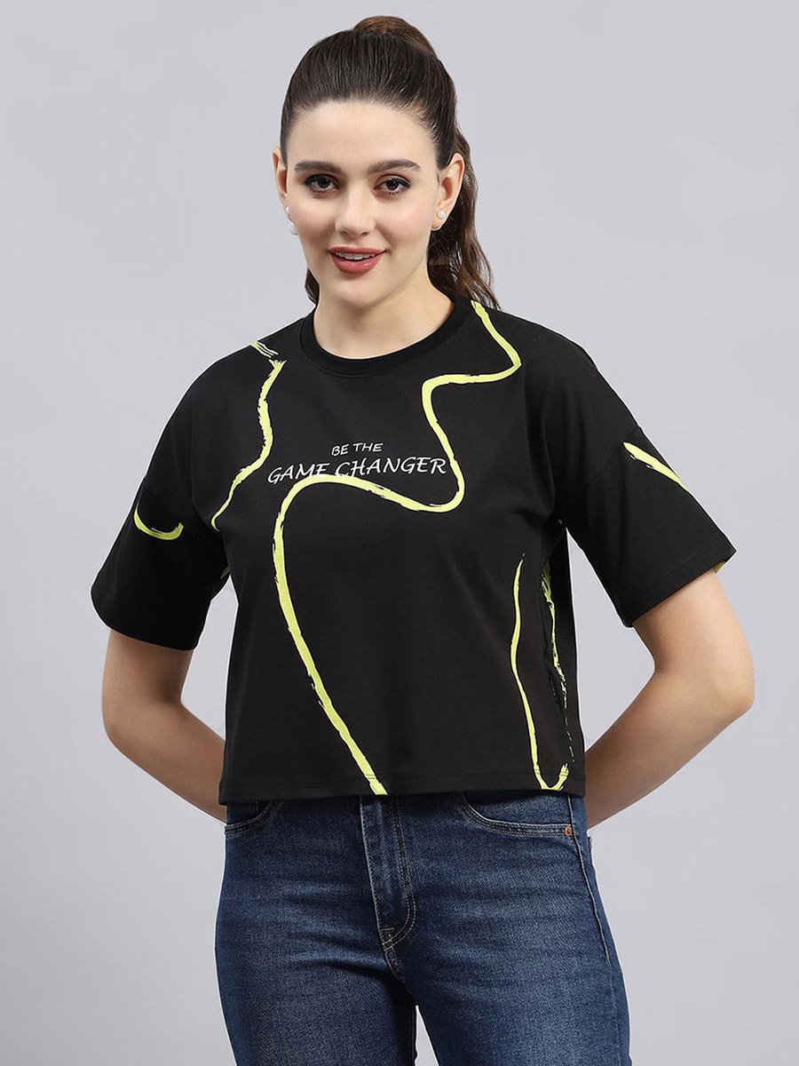 Women Black Slogan Printed Short Sleeve Top