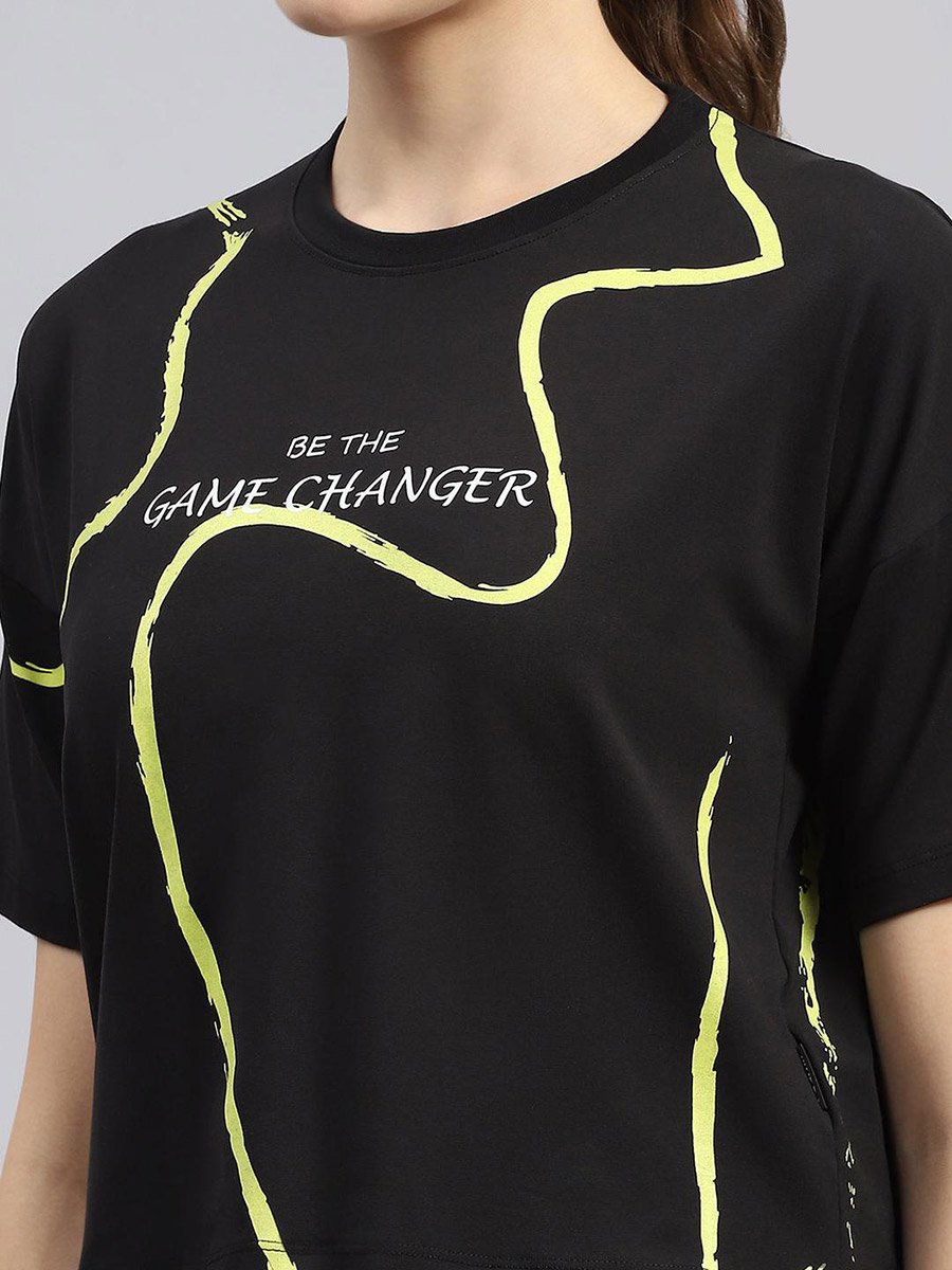 Women Black Slogan Printed Short Sleeve Top