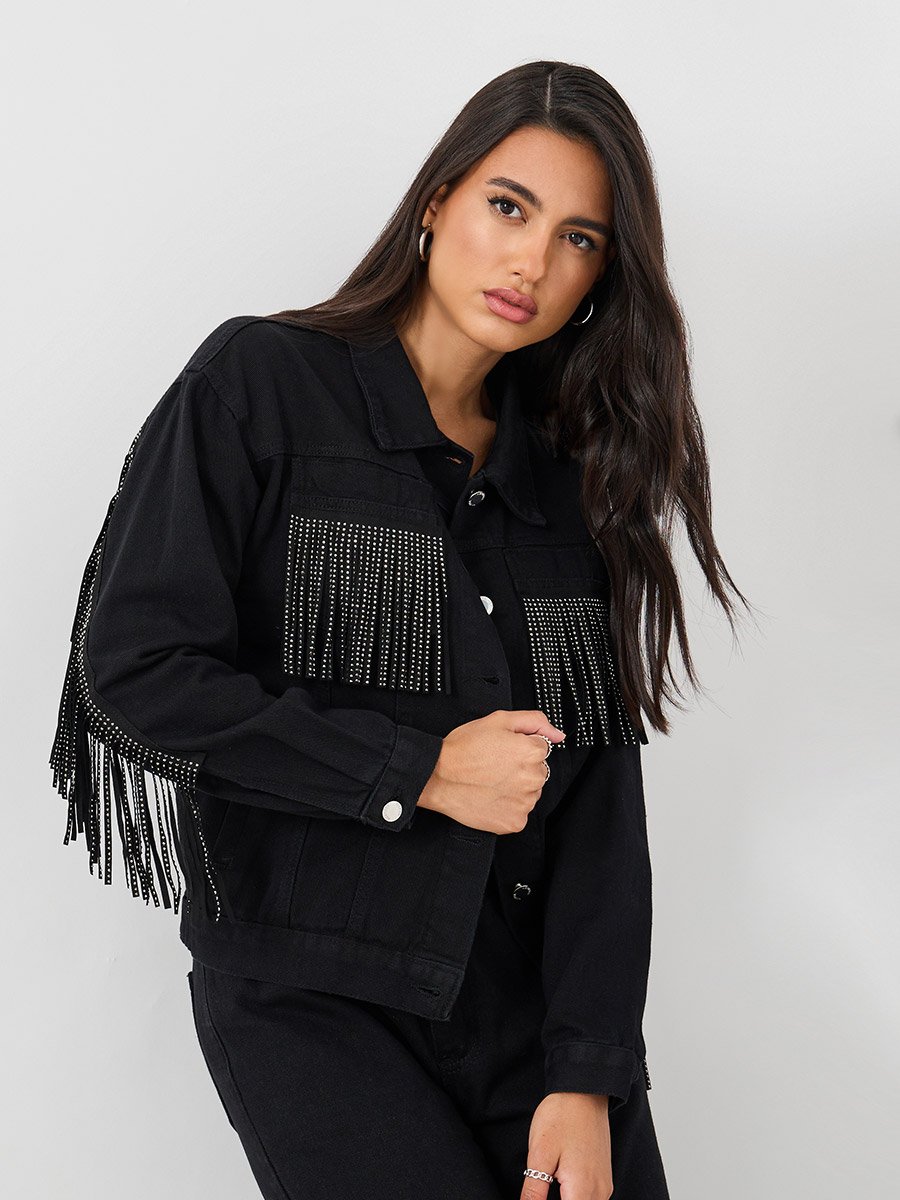 Regular Fit Buttoned Denim Jacket with Fringe Detail