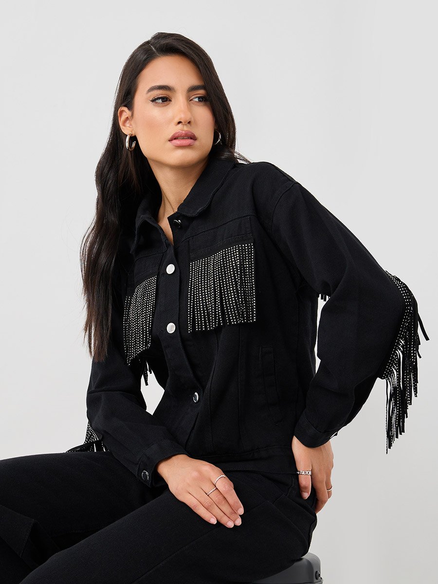 Regular Fit Buttoned Denim Jacket with Fringe Detail