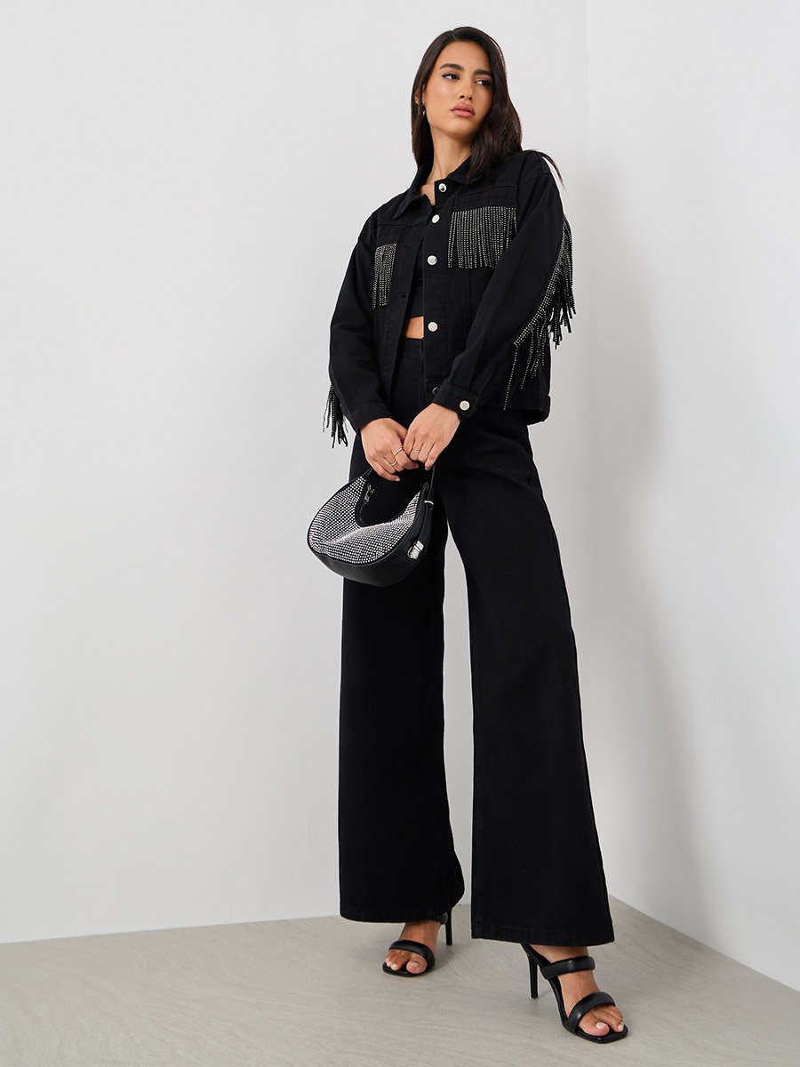 Regular Fit Buttoned Denim Jacket with Fringe Detail