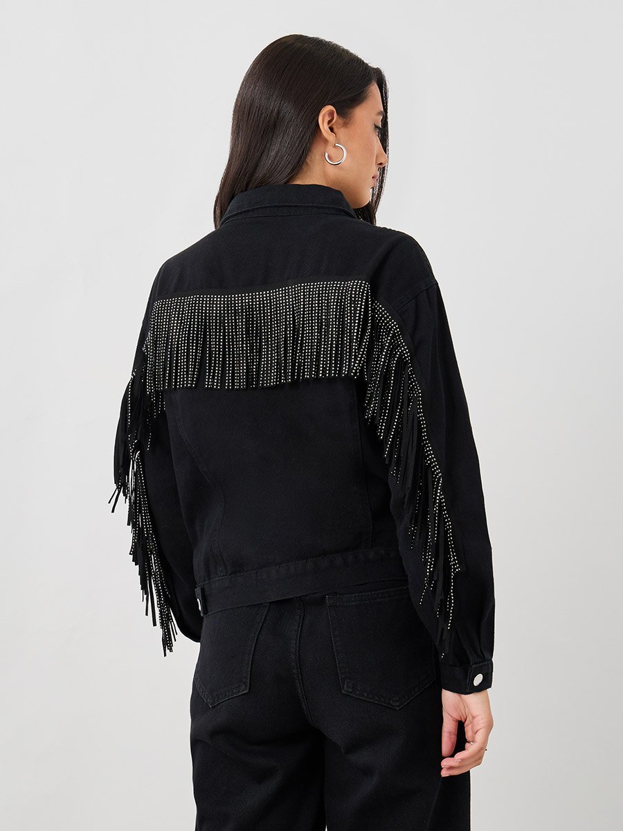 Regular Fit Buttoned Denim Jacket with Fringe Detail