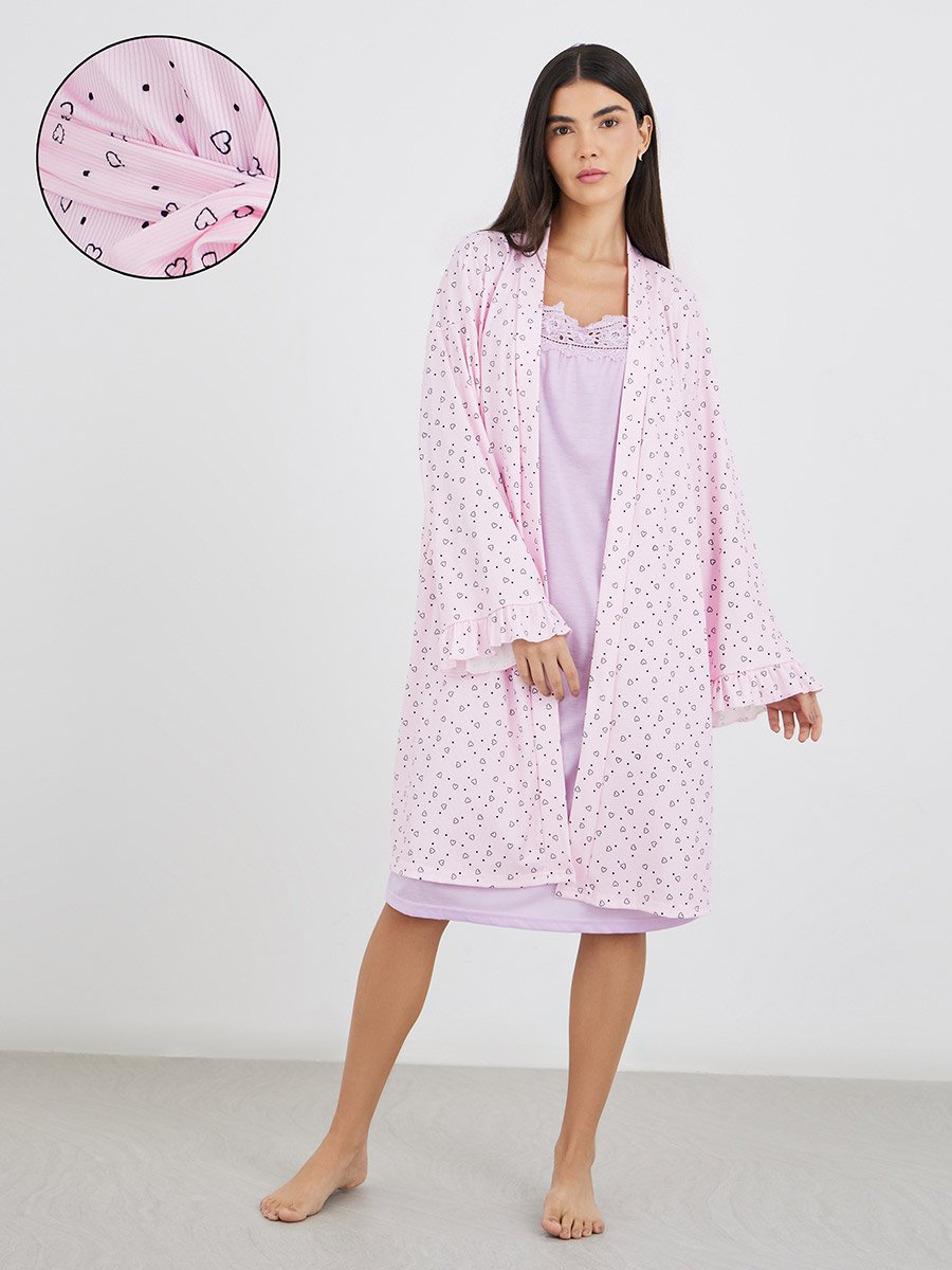 Ribbed Texture Heart Print Ruffle Sleeve Robe