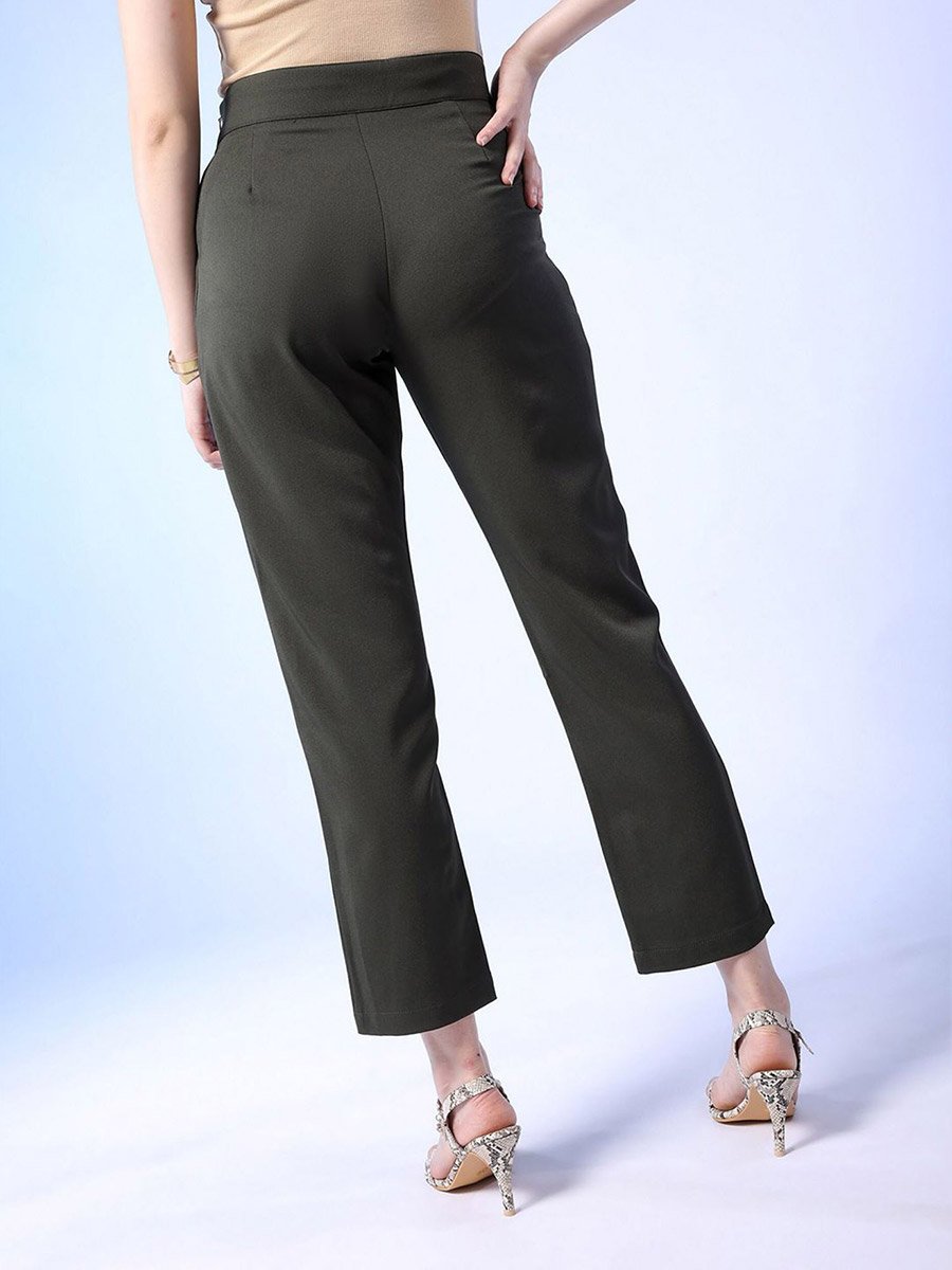 Women Dark Green Slim Fit Crop Pants