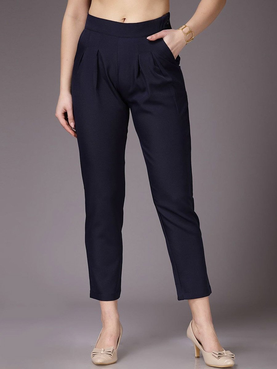Women Navy Blue Slim Fit Solid Pants