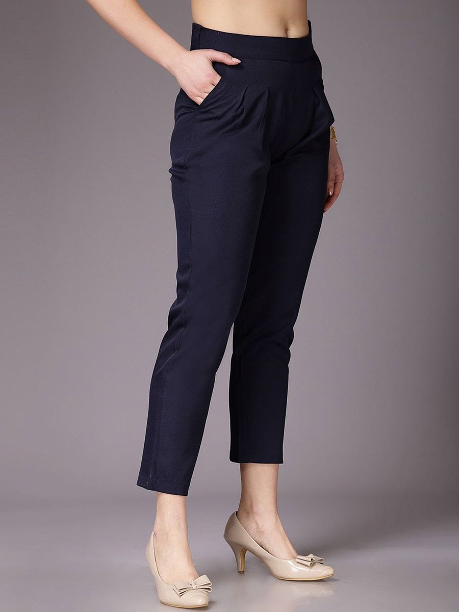 Women Navy Blue Slim Fit Solid Pants