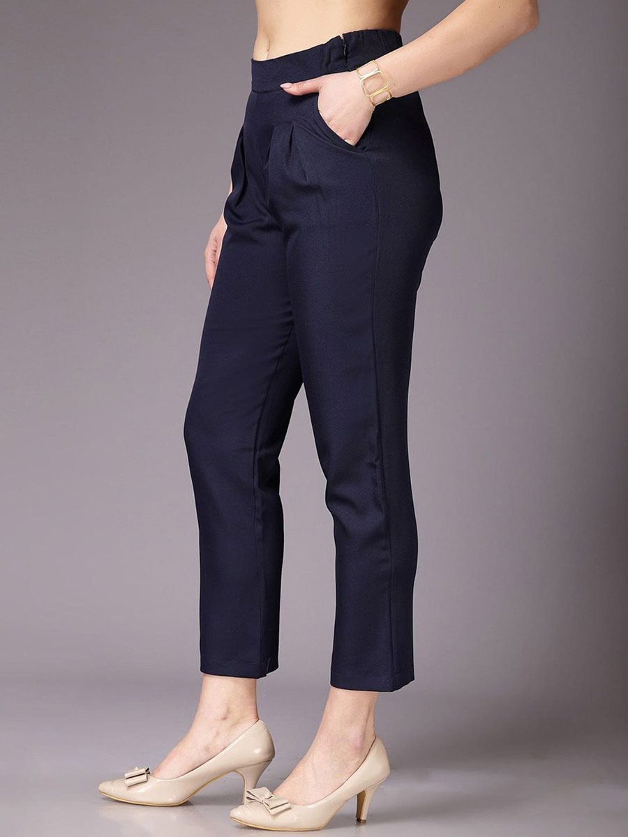 Women Navy Blue Slim Fit Solid Pants