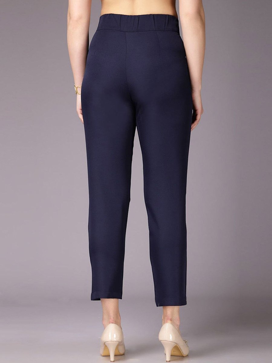 Women Navy Blue Slim Fit Solid Pants