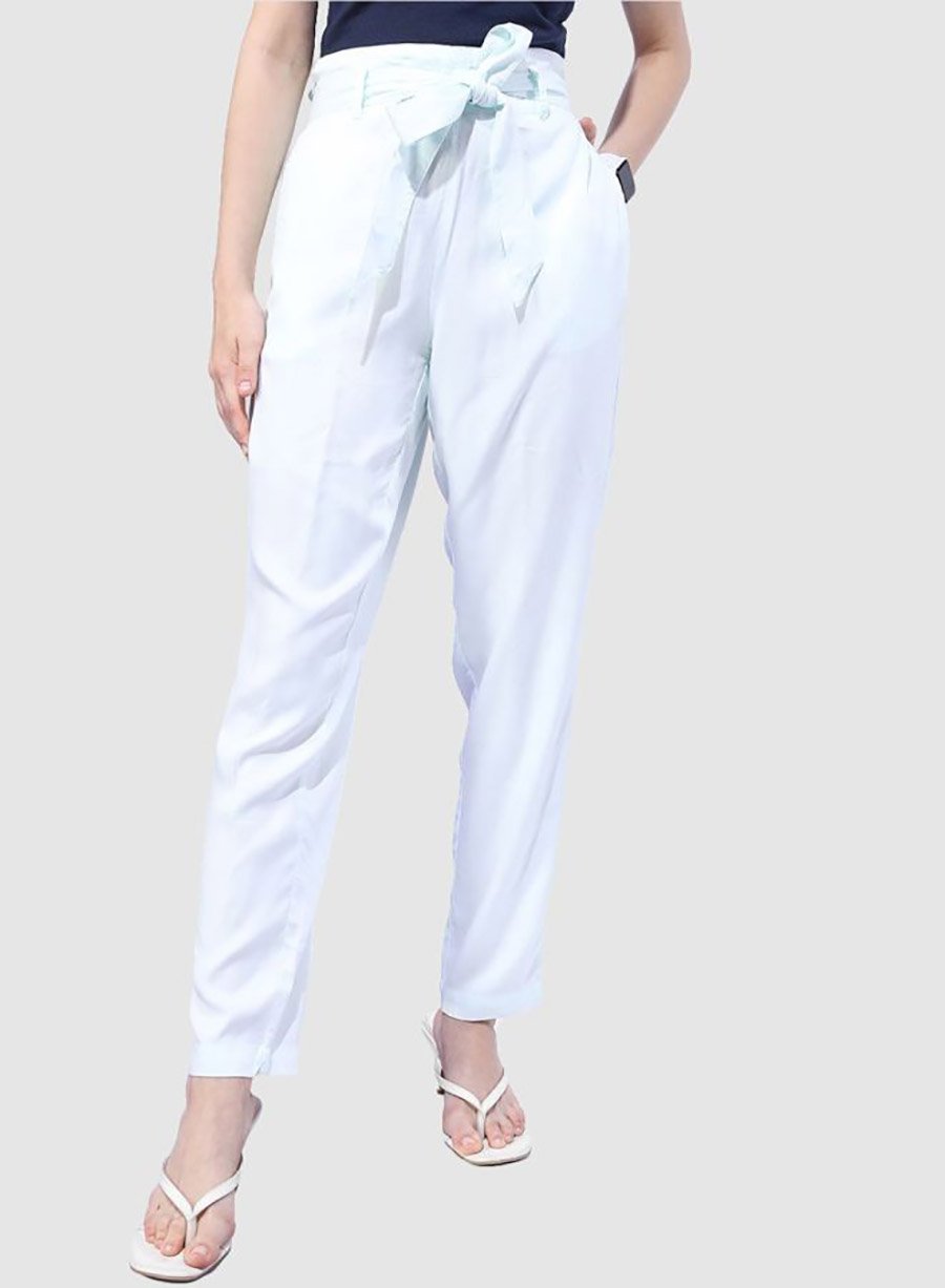 Women White Tapered Fit Pants with Tie Belt