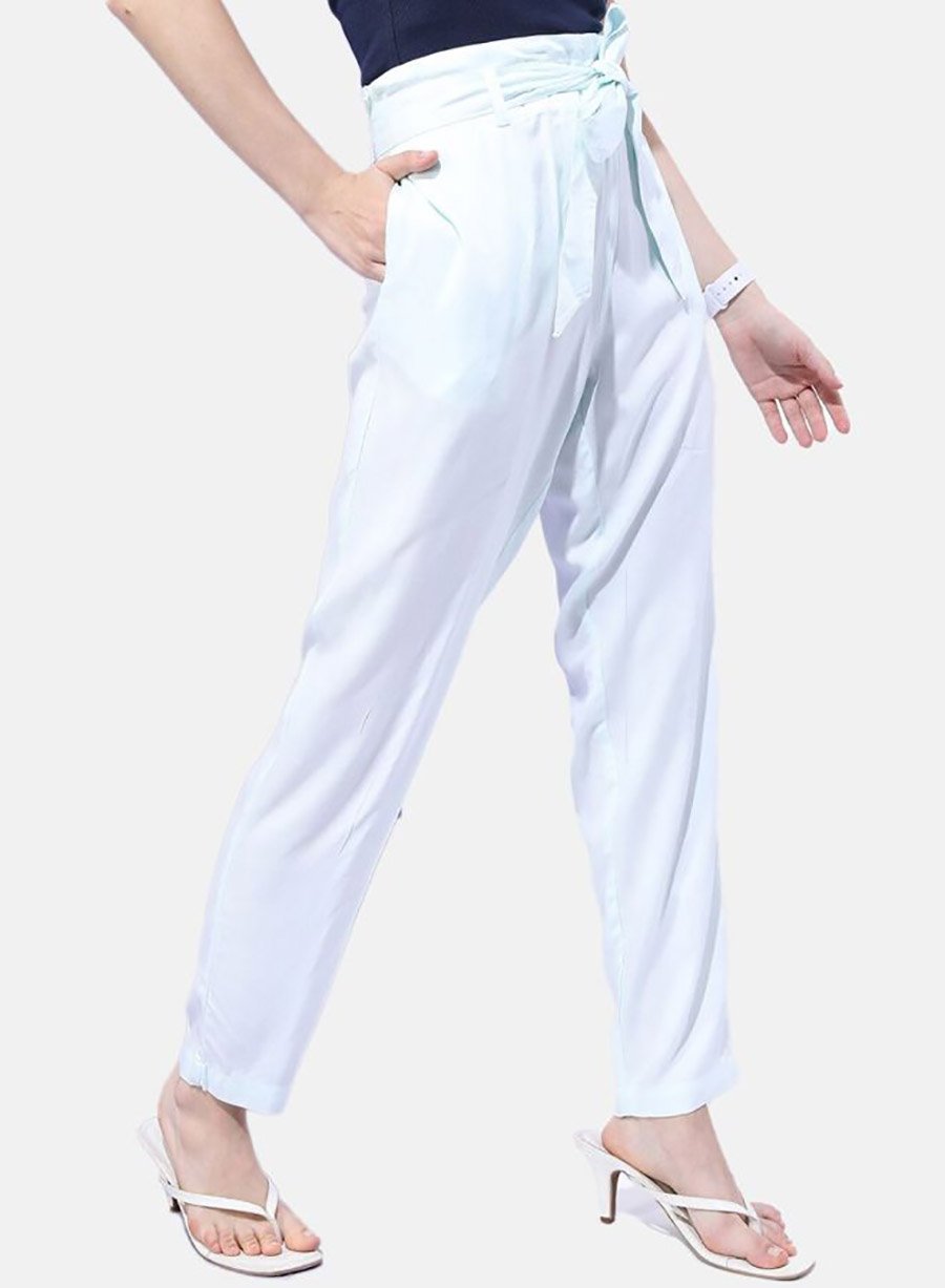 Women White Tapered Fit Pants with Tie Belt