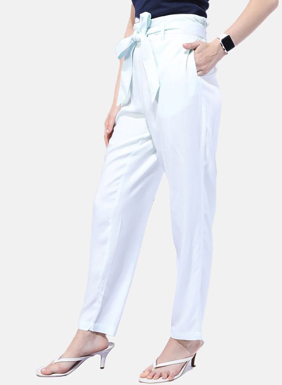 Women White Tapered Fit Pants with Tie Belt