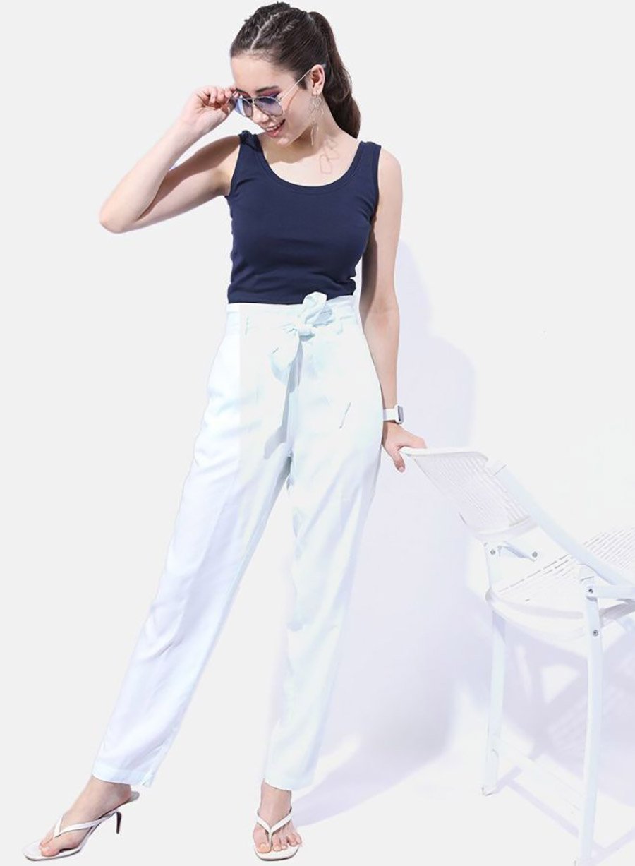 Women White Tapered Fit Pants with Tie Belt