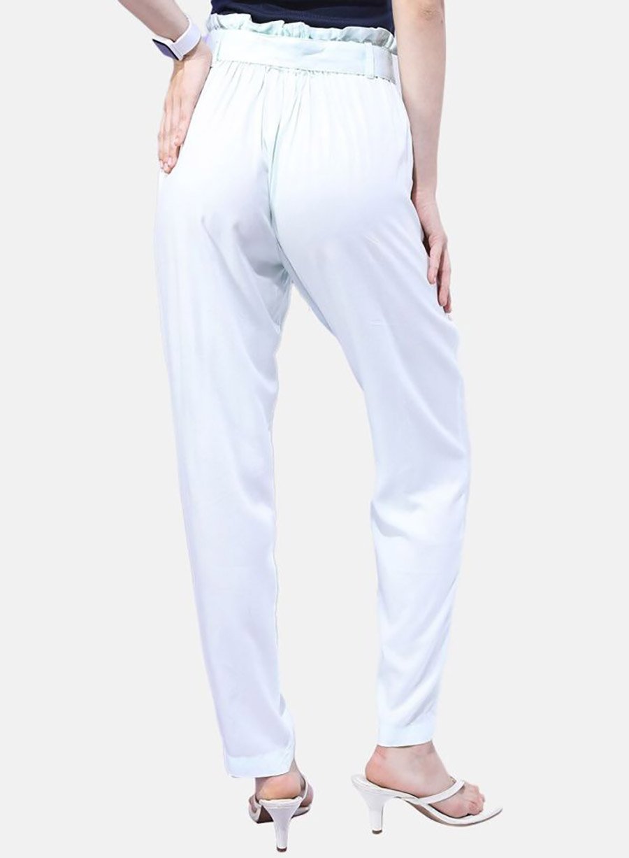 Women White Tapered Fit Pants with Tie Belt