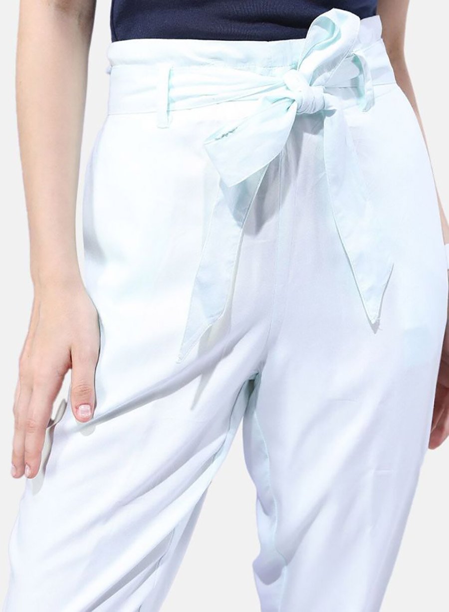 Women White Tapered Fit Pants with Tie Belt