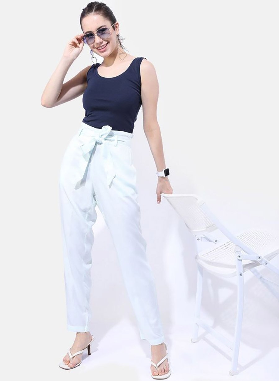 Women White Tapered Fit Pants with Tie Belt