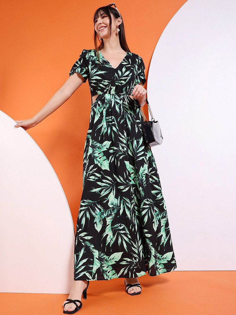 Women Black Tropical Print Maxi Dress