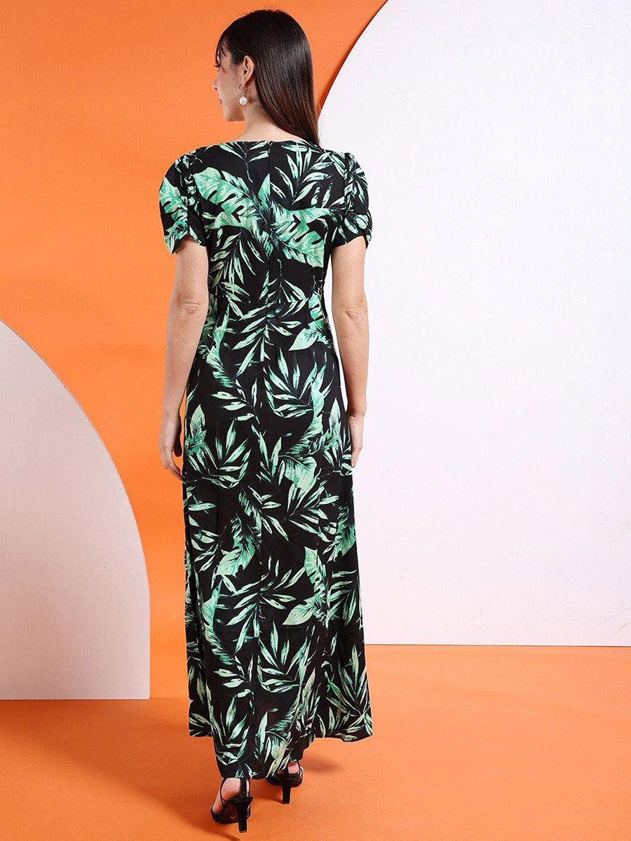 Women Black Tropical Print Maxi Dress