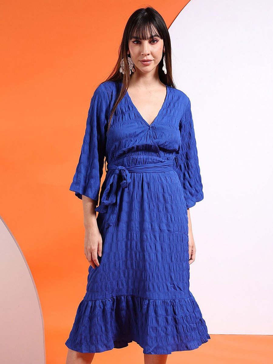 Women Blue Seersucker Wrap Front Midi Dress For Women at UAE | Styli Women Blue Seersucker Wrap Front Midi Dress For Women at UAE | Styli