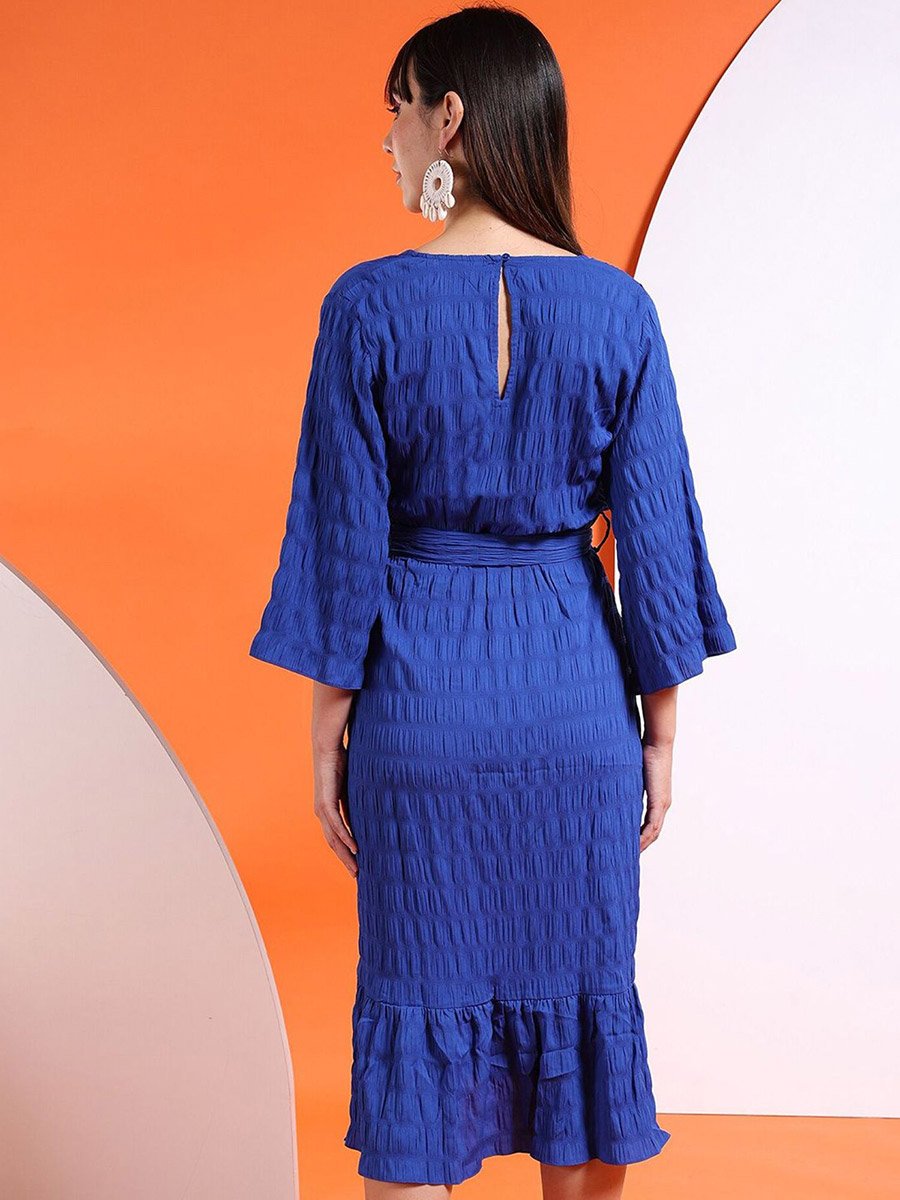 Women Blue Seersucker Wrap Front Midi Dress
