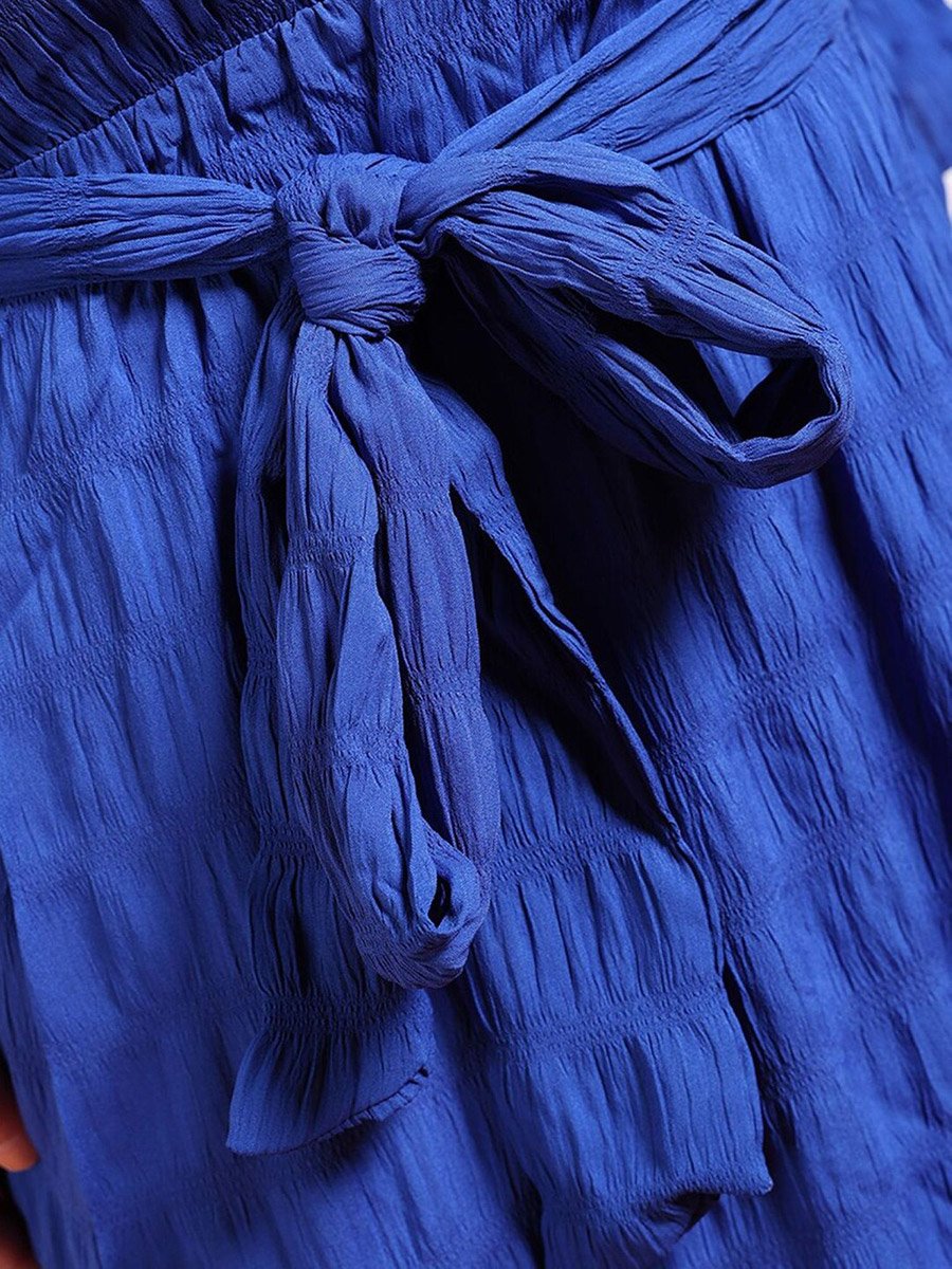 Women Blue Seersucker Wrap Front Midi Dress