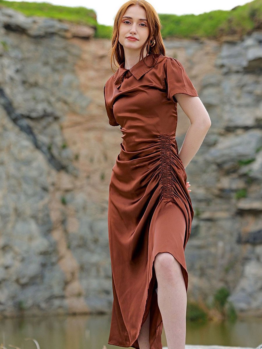 brown satin ruched dress Hinvhai Women's One Shoulder Ruched Satin Maxi Dress, Solid High Side Slit Slimming Flowy Midi Long Date Night Dress Brown Xl(xl), Bronze