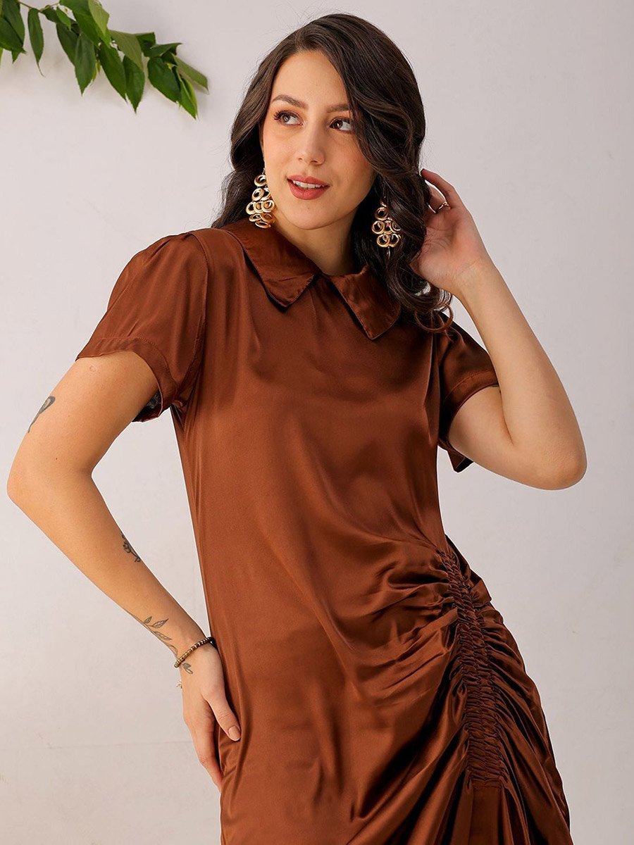 Women Brown Satin Ruched Asymmetric Dress