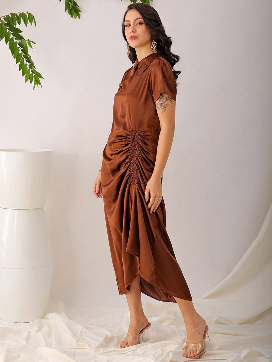 Women Brown Satin Ruched Asymmetric Dress