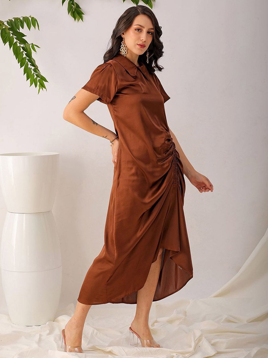 Women Brown Satin Ruched Asymmetric Dress