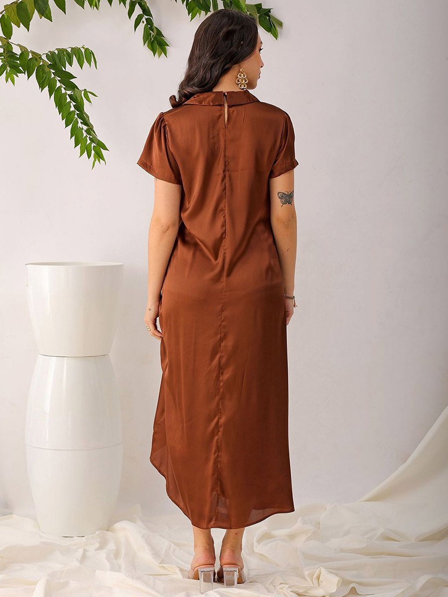 Women Brown Satin Ruched Asymmetric Dress