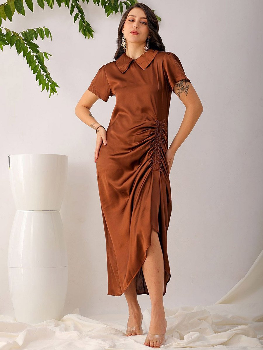 Women Brown Satin Ruched Asymmetric Dress