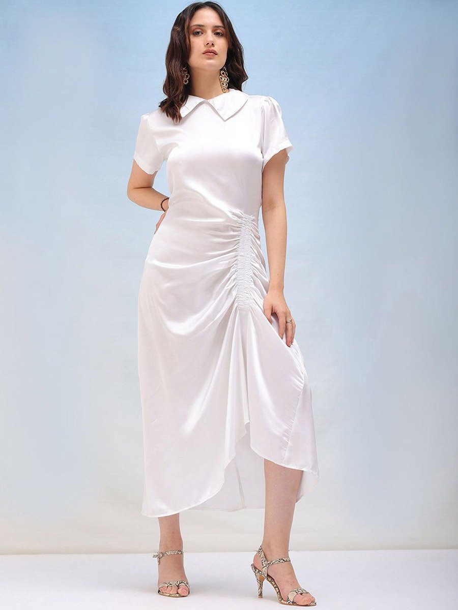 Women White Satin Ruched Asymmetric Dress For Women at UAE | Styli Women White Satin Ruched Asymmetric Dress For Women at UAE | Styli
