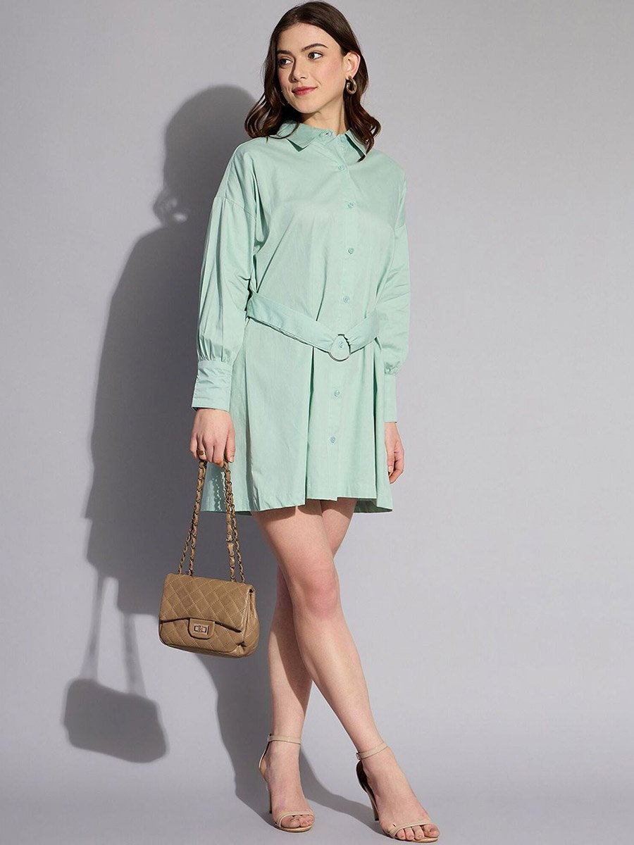 Women Green Belted Shirt Mini Dress For Women at Saudi | Styli